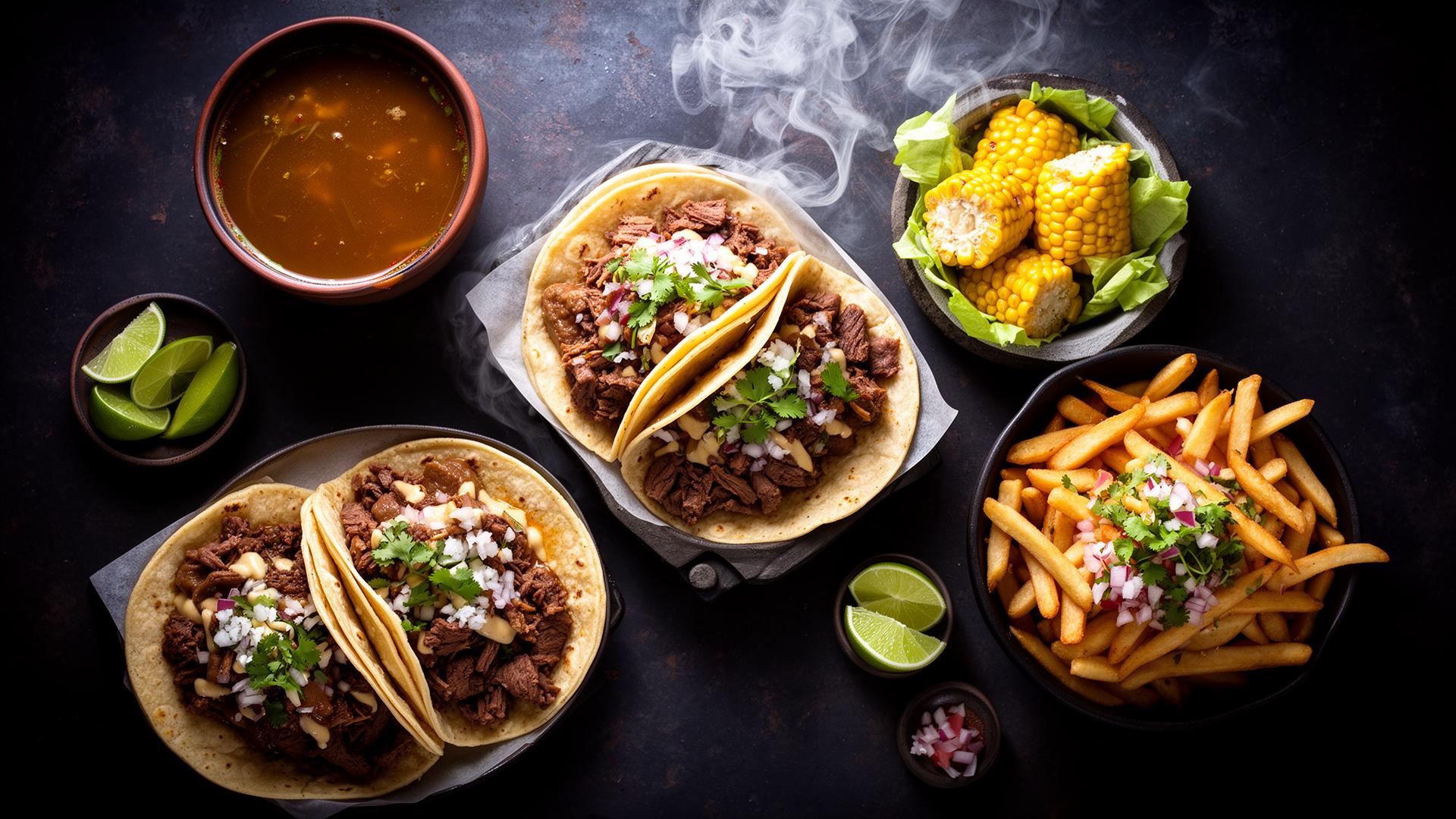 Birria tacos, loaded fries and elote on a moody table